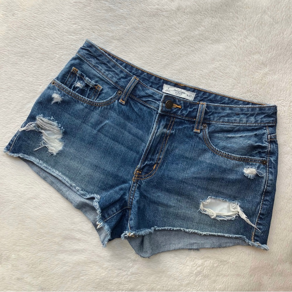 Abercrombie & Fitch Distressed Denim Shorts Dark Wash Raw Hem Fringe A&F